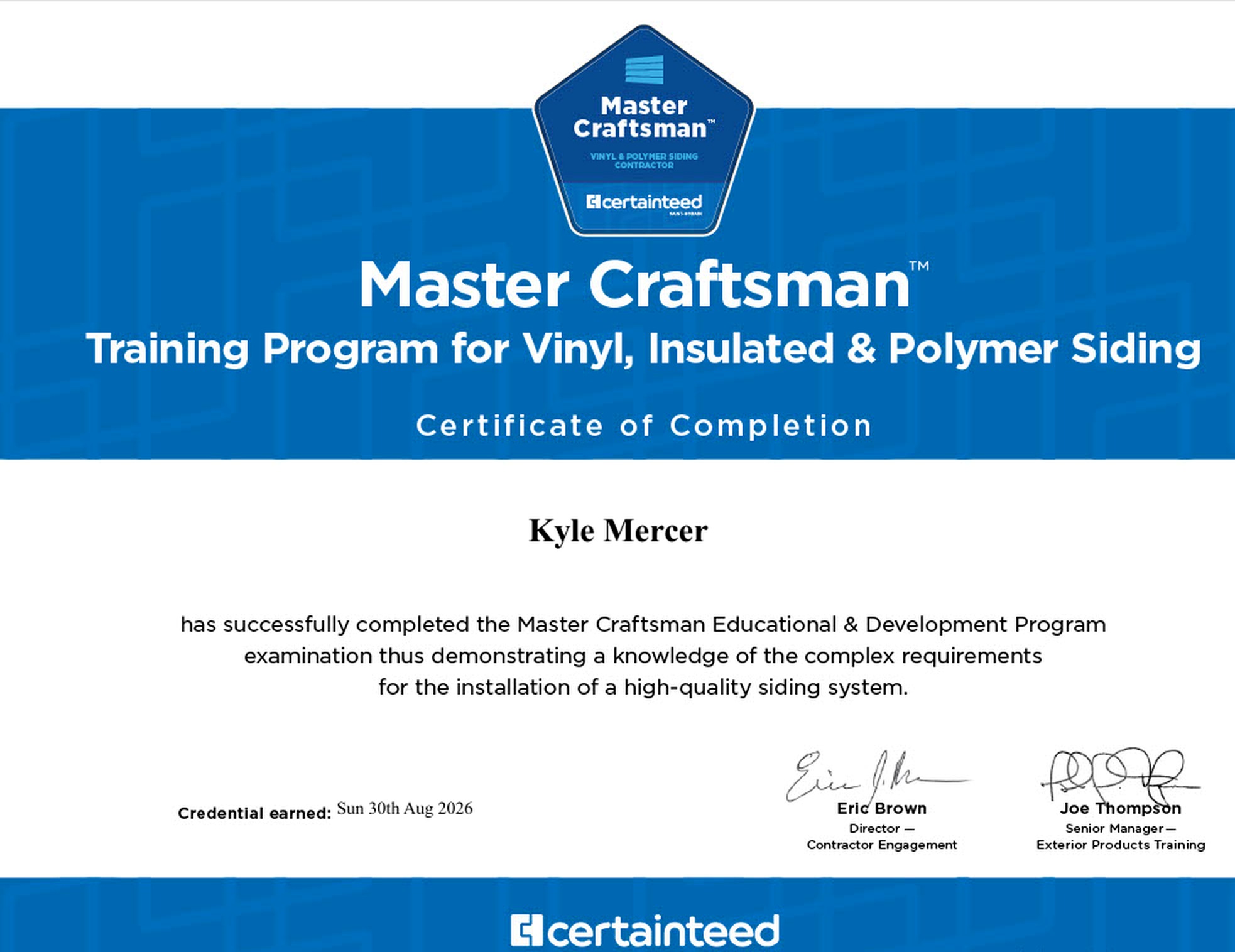 CertainTeed Master Craftsman certificate of completion awarded to Kyle Mercer for vinyl, insulated, and polymer siding — credential earned August 30, 2026